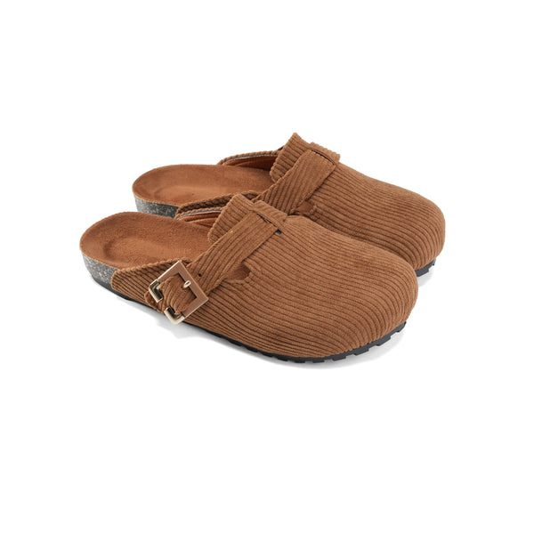 Corduroy Buckle Clogs with Premium Detail - Cafe