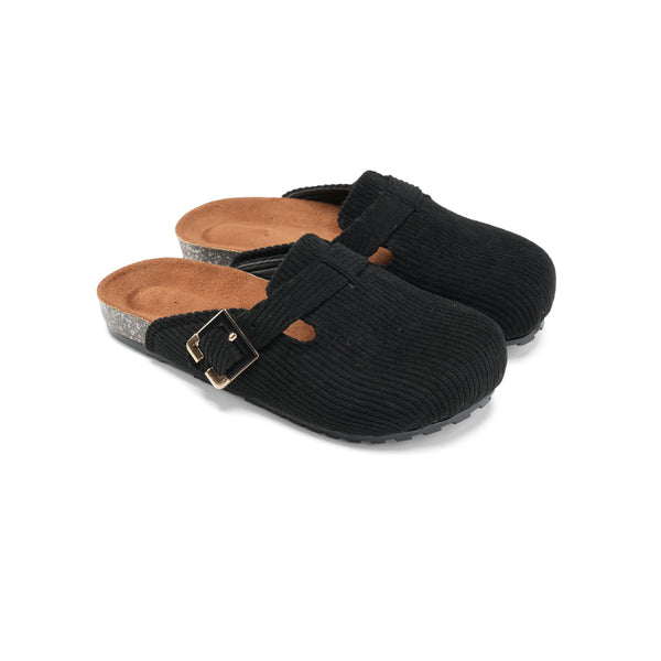 Corduroy Buckle Clogs with Premium Detail - Black