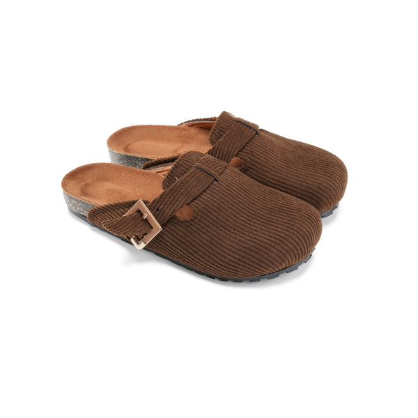 Corduroy Buckle Clogs with Premium Detail - Brown