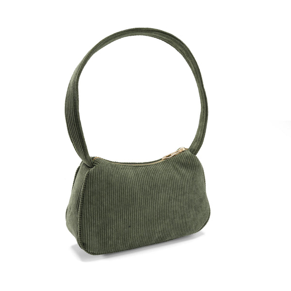 Corduroy Shoulder Bag with Accent Zipper - Green