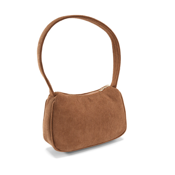 Corduroy Shoulder Bag with Accent Zipper - Camel