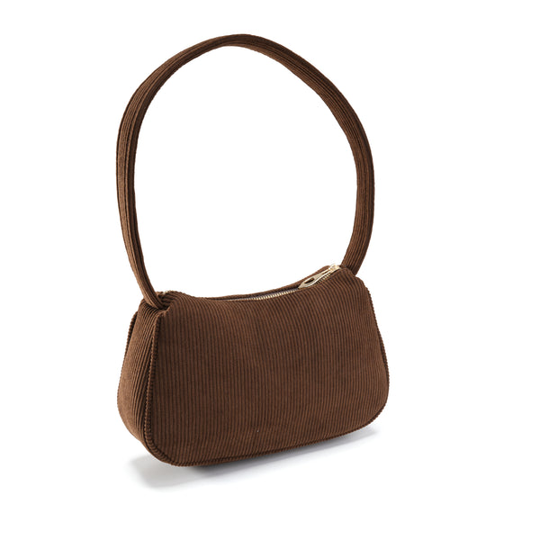 Corduroy Shoulder Bag with Accent Zipper - Brown