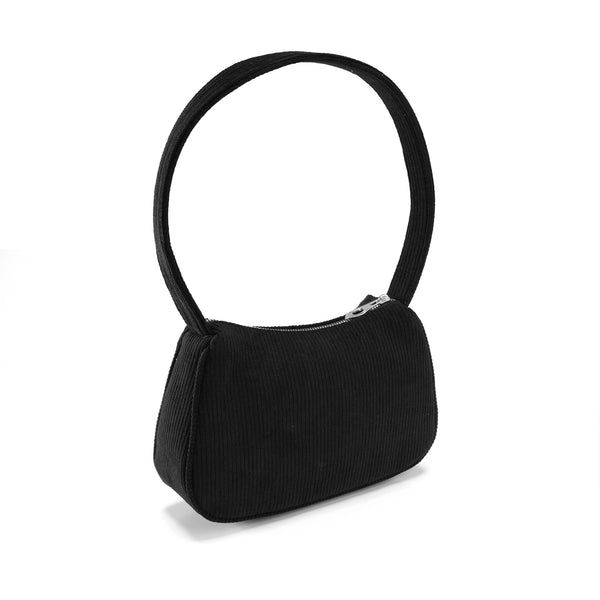 Corduroy Shoulder Bag with Accent Zipper - Black