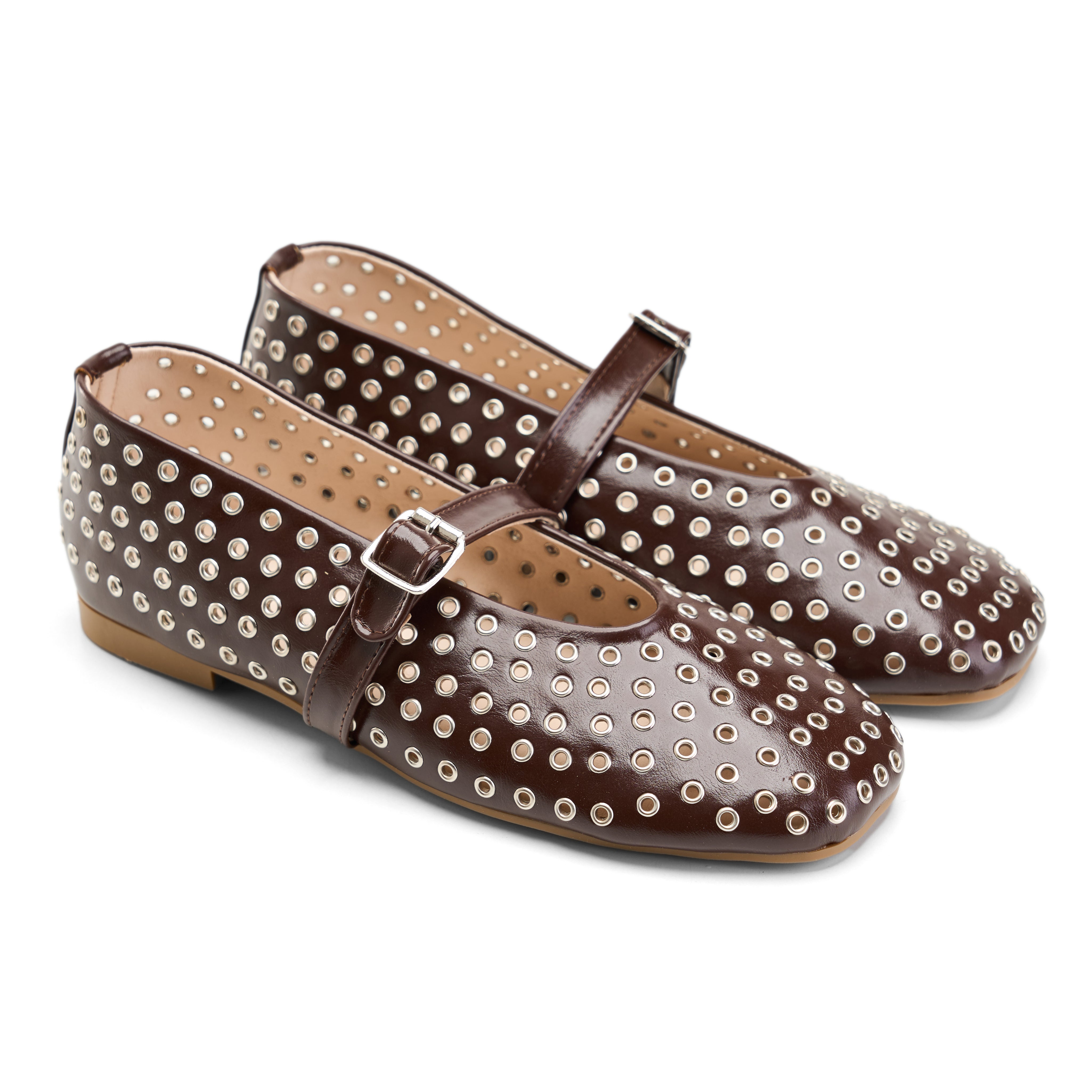 Grommet-Detail Square Toe flats - Brown
