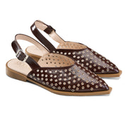 Eyelet-Detail Pointed Slingback Flats - Brown