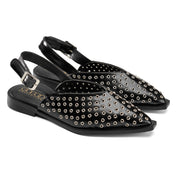 Eyelet-Detail Pointed Slingback Flats - Black