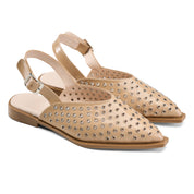 Eyelet-Detail Pointed Slingback Flats - Beige