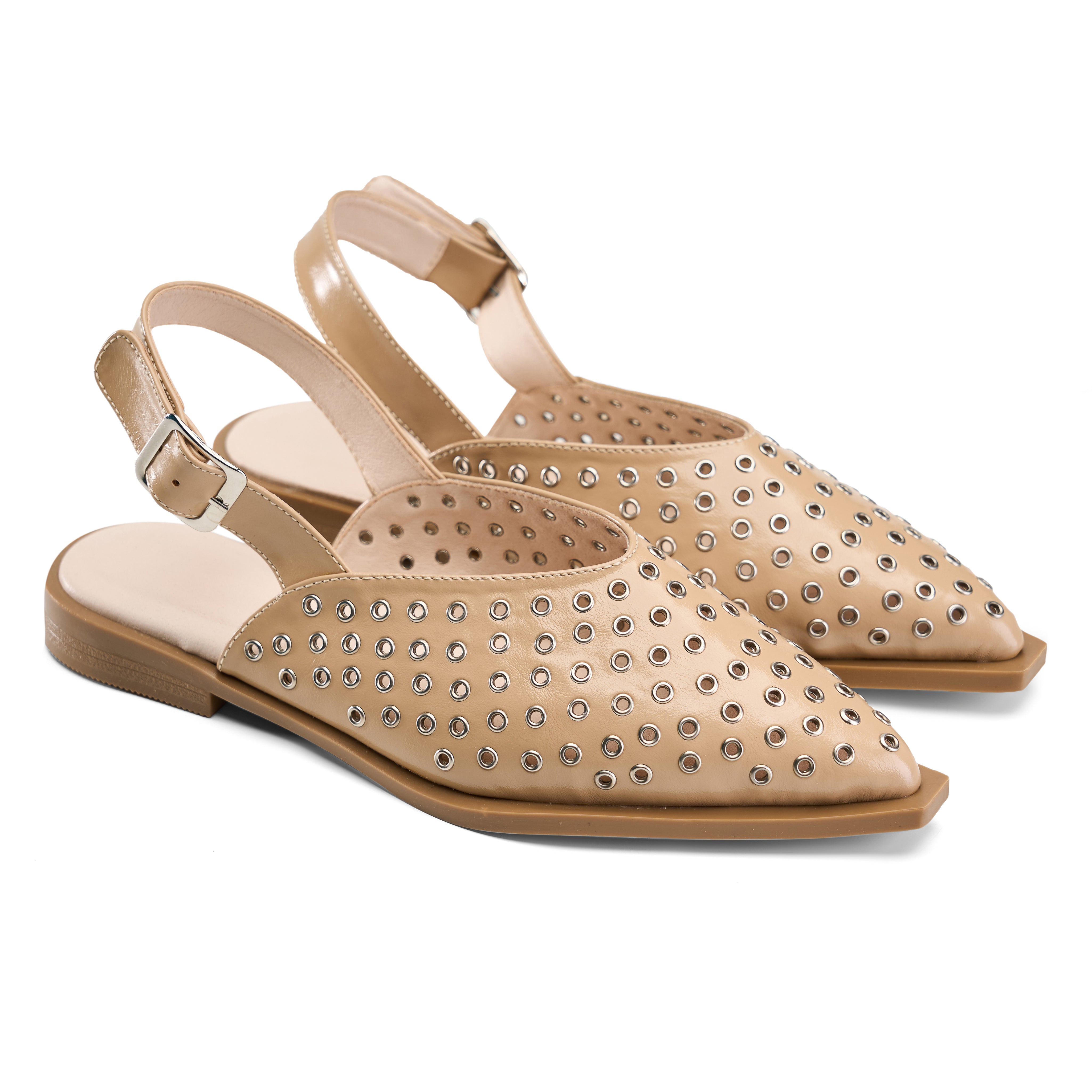 Eyelet-Detail Pointed Slingback Flats - Beige