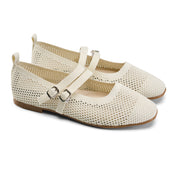 Double-Strap Knit Mary Jane Flats - White