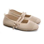 Double-Strap Knit Mary Jane Flats - Beige
