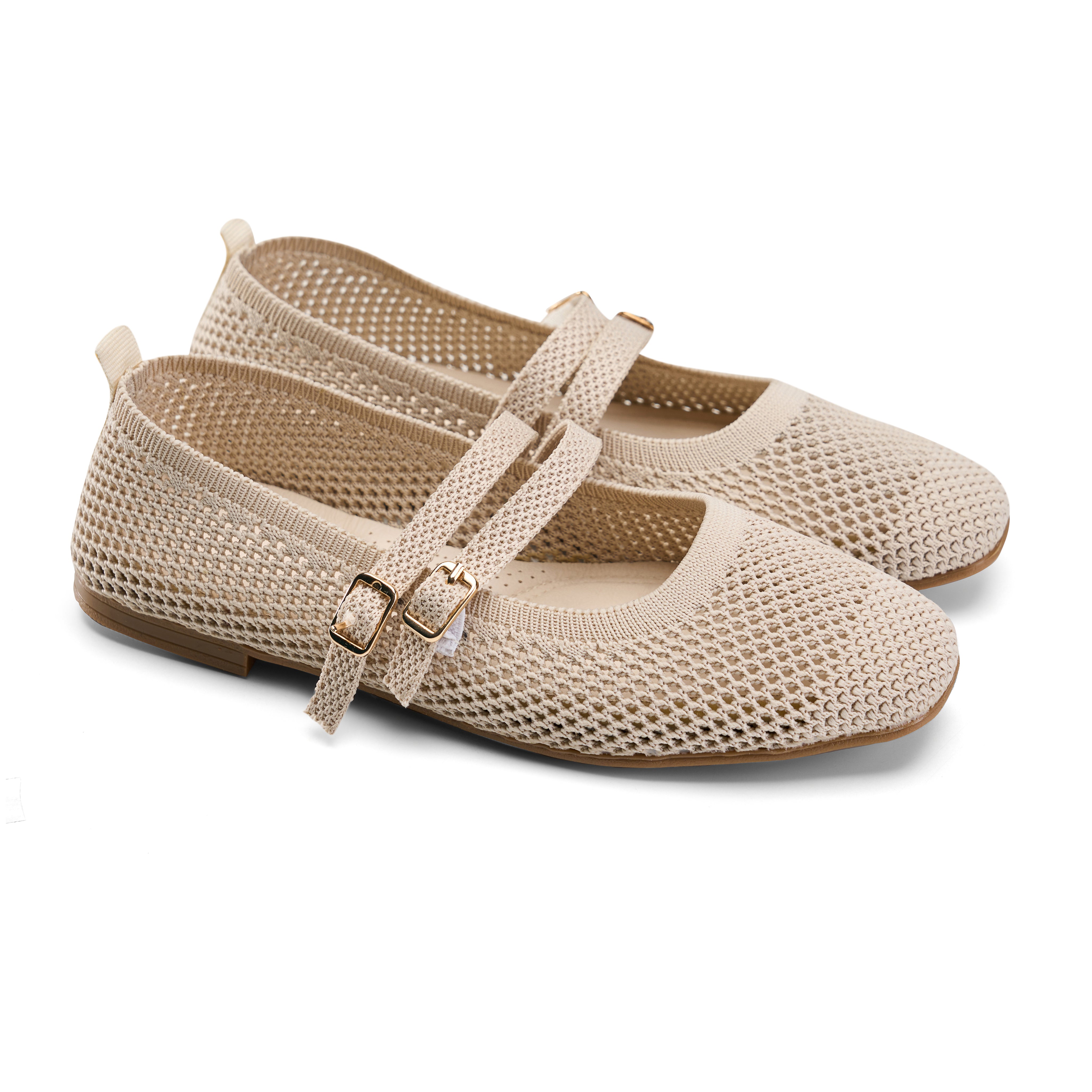 Double-Strap Knit Mary Jane Flats - Beige