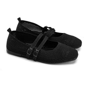 Double-Strap Knit Mary Jane Flats - Black