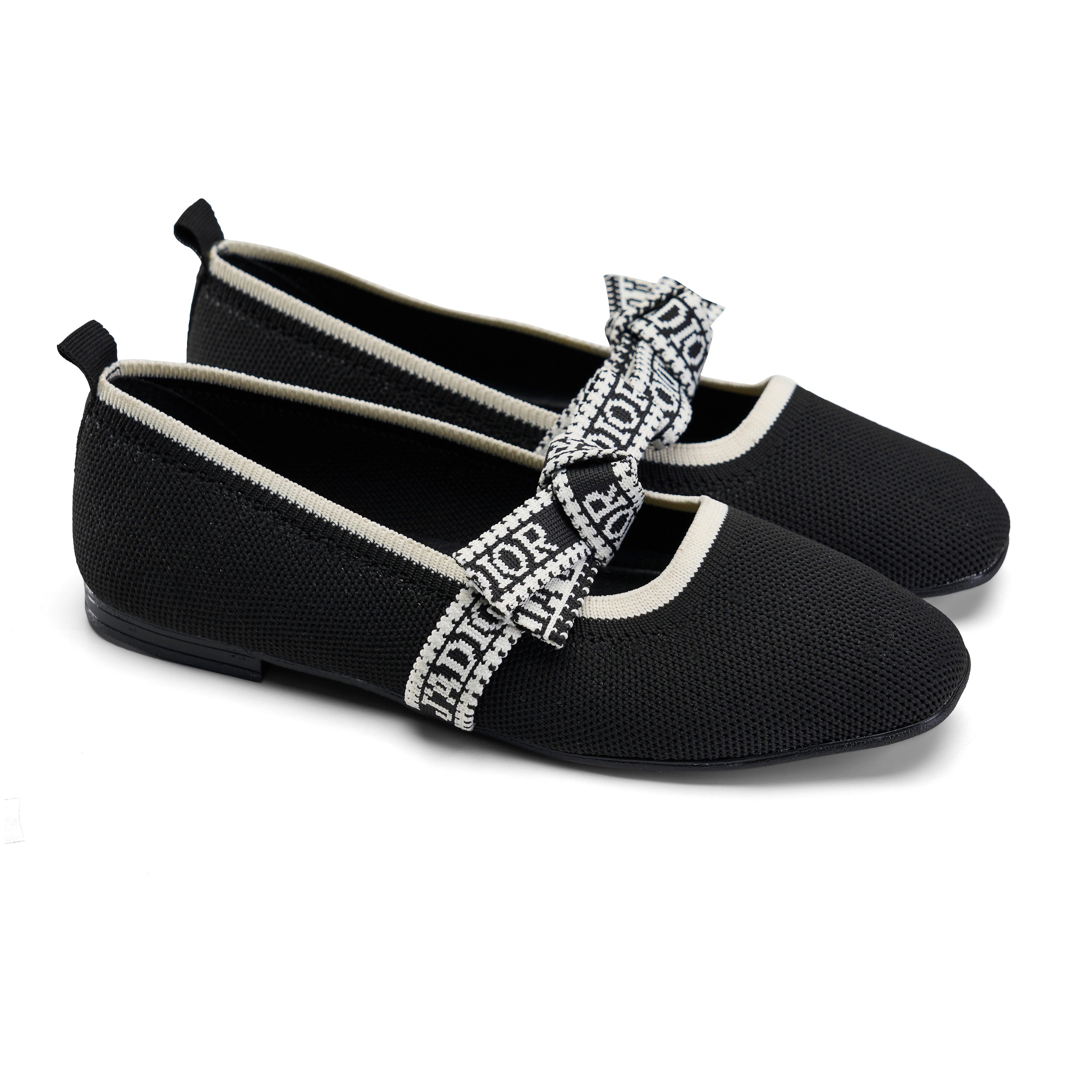 Textured Knit Ballet Flats with Soft Bow - Black