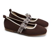 Textured Knit Ballet Flats with Soft Bow - Brown
