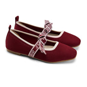 Textured Knit Ballet Flats with Soft Bow - Maroon