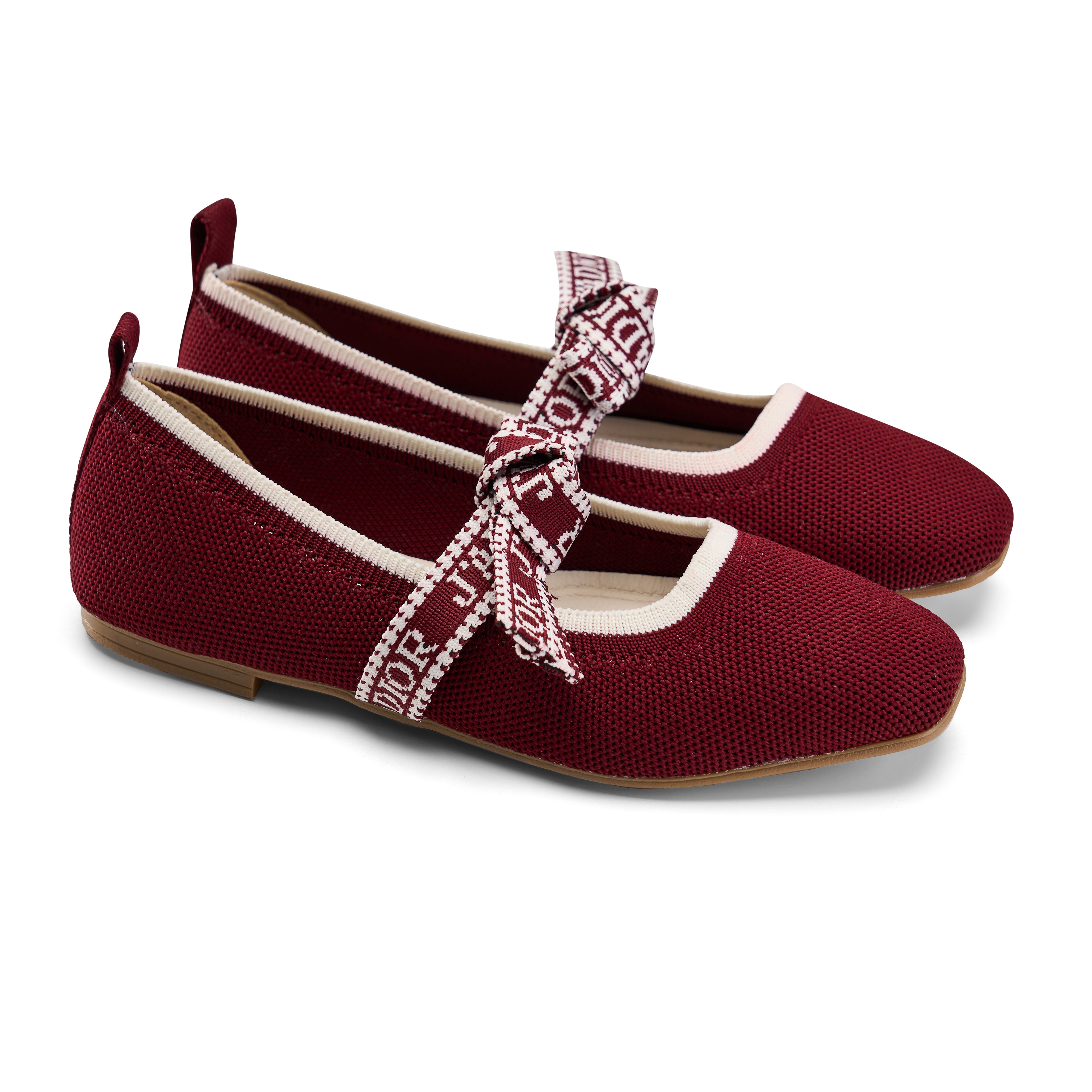 Textured Knit Ballet Flats with Soft Bow - Maroon
