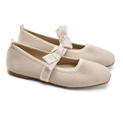 Textured Knit Ballet Flats with Soft Bow - Beige