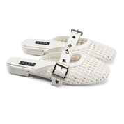 Studded Buckle Woven Mules - White