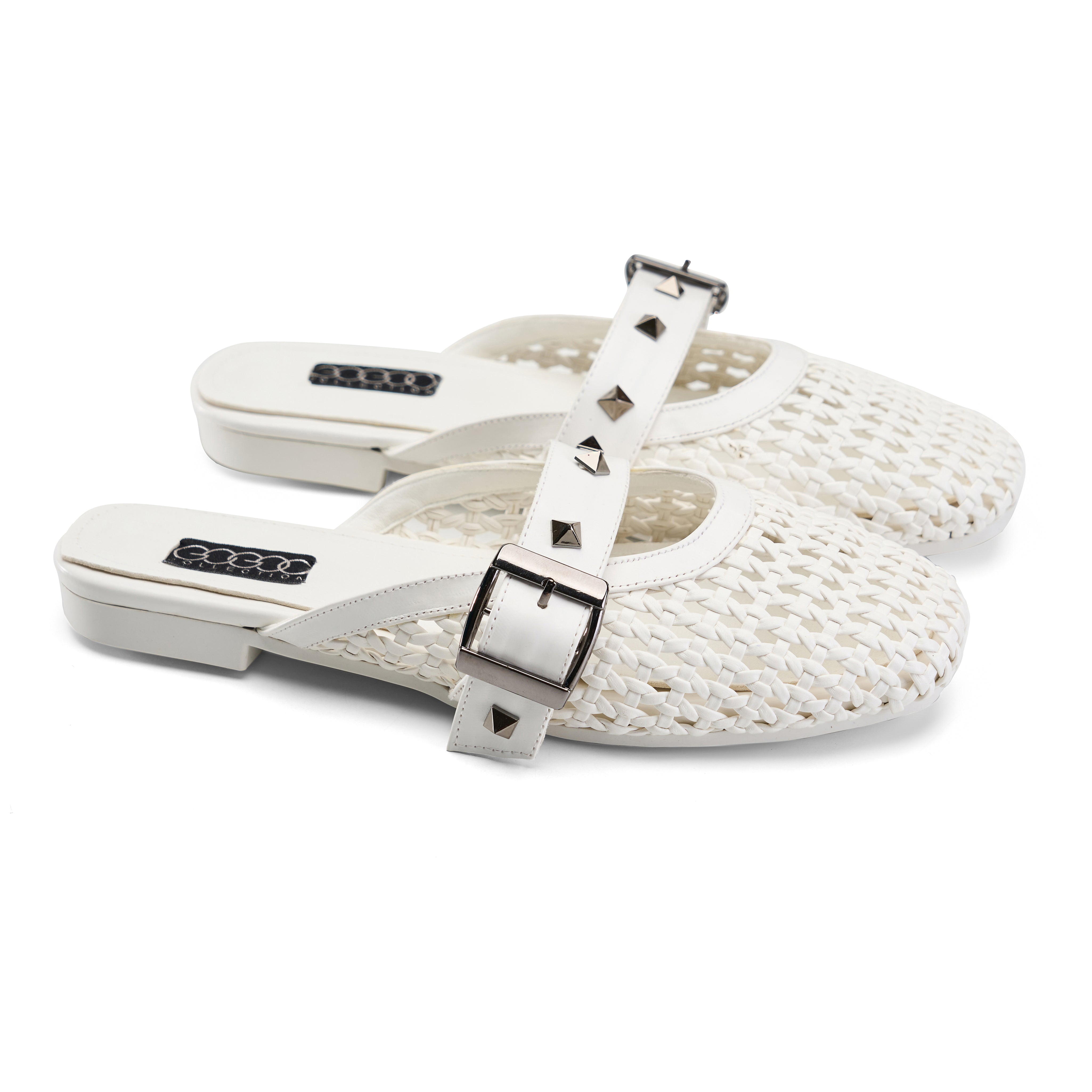 Studded Buckle Woven Mules - White