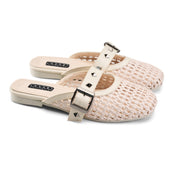 Studded Buckle Woven Mules - Beige