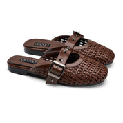 Studded Buckle Woven Mules - Brown