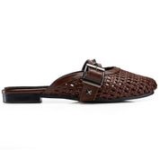 Studded Buckle Woven Mules - Brown