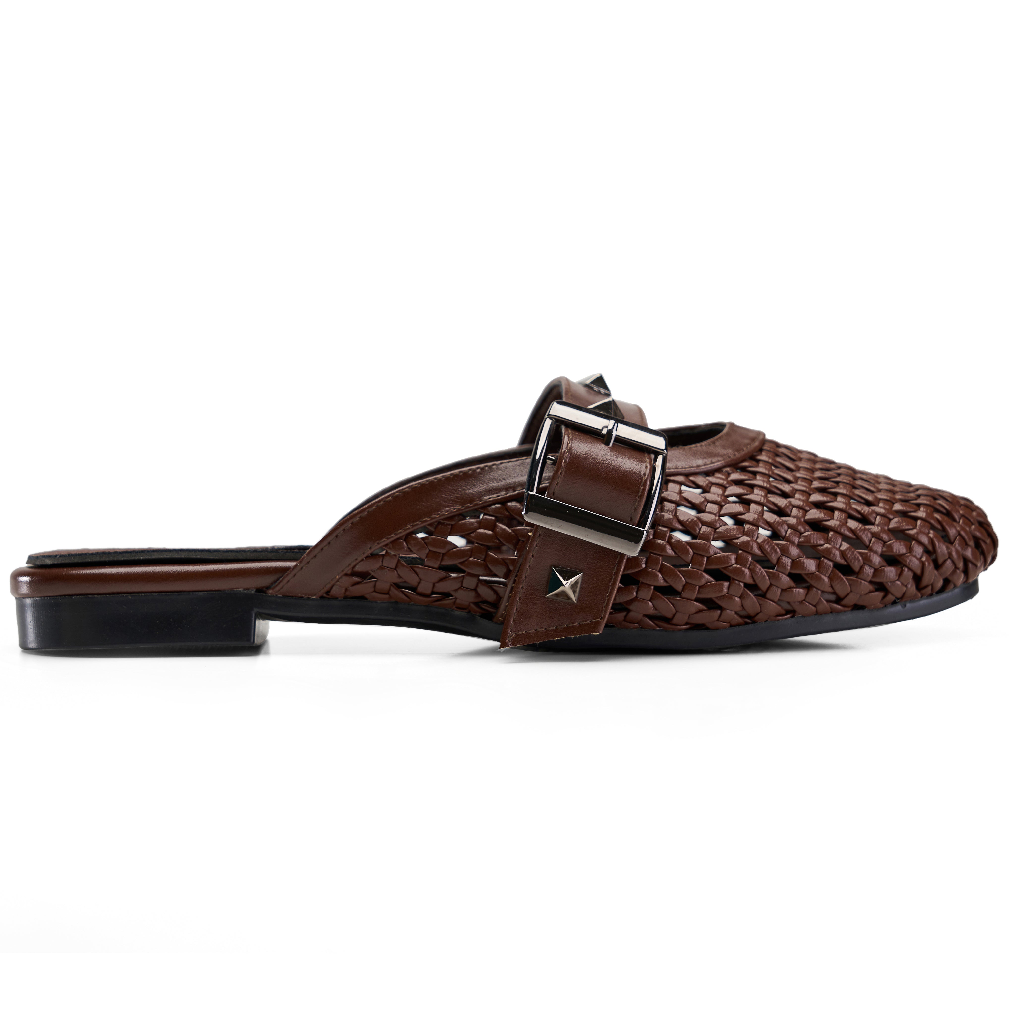 Studded Buckle Woven Mules - Brown