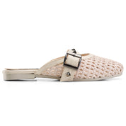 Studded Buckle Woven Mules - Beige