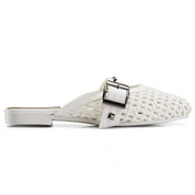 Studded Buckle Woven Mules - White