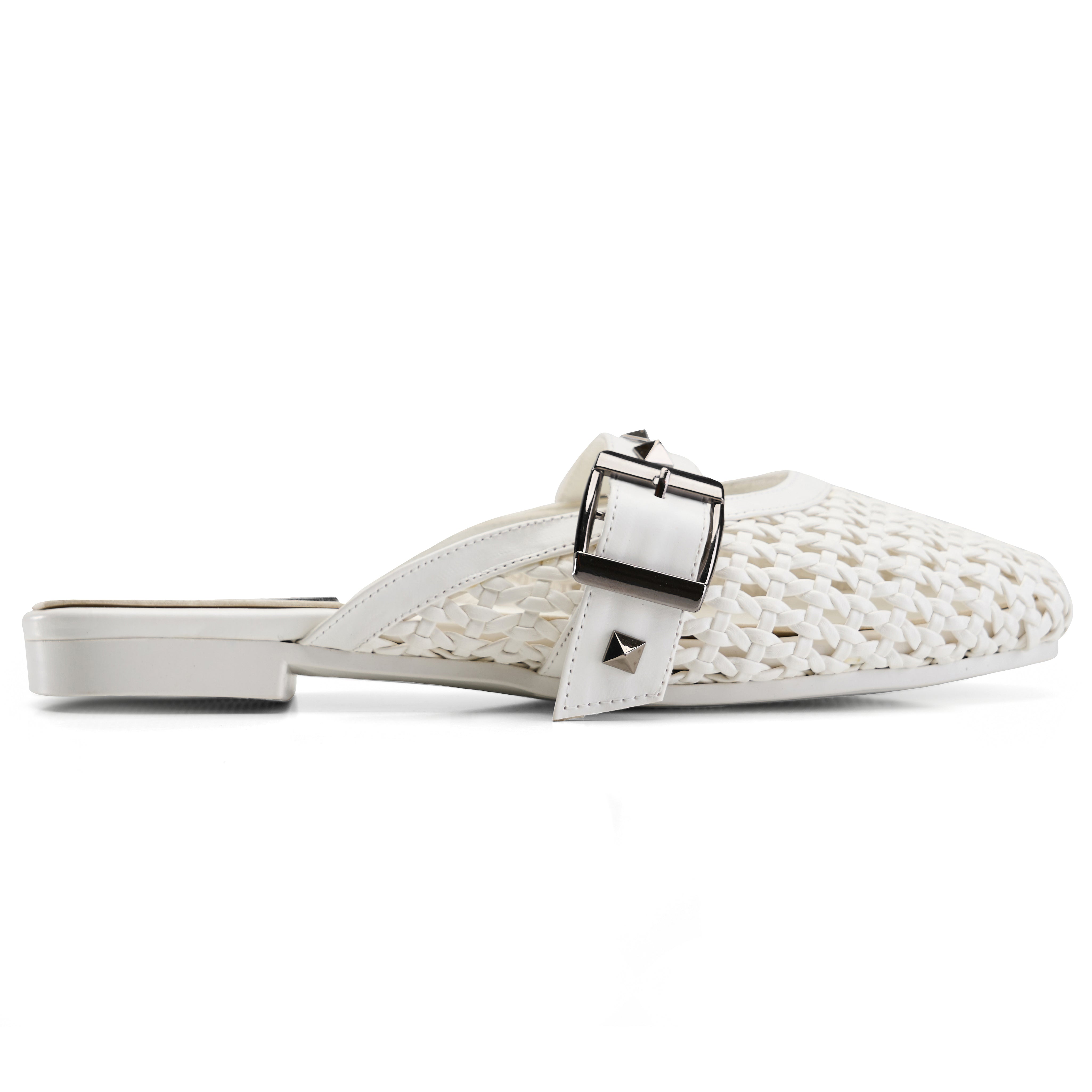 Studded Buckle Woven Mules - White