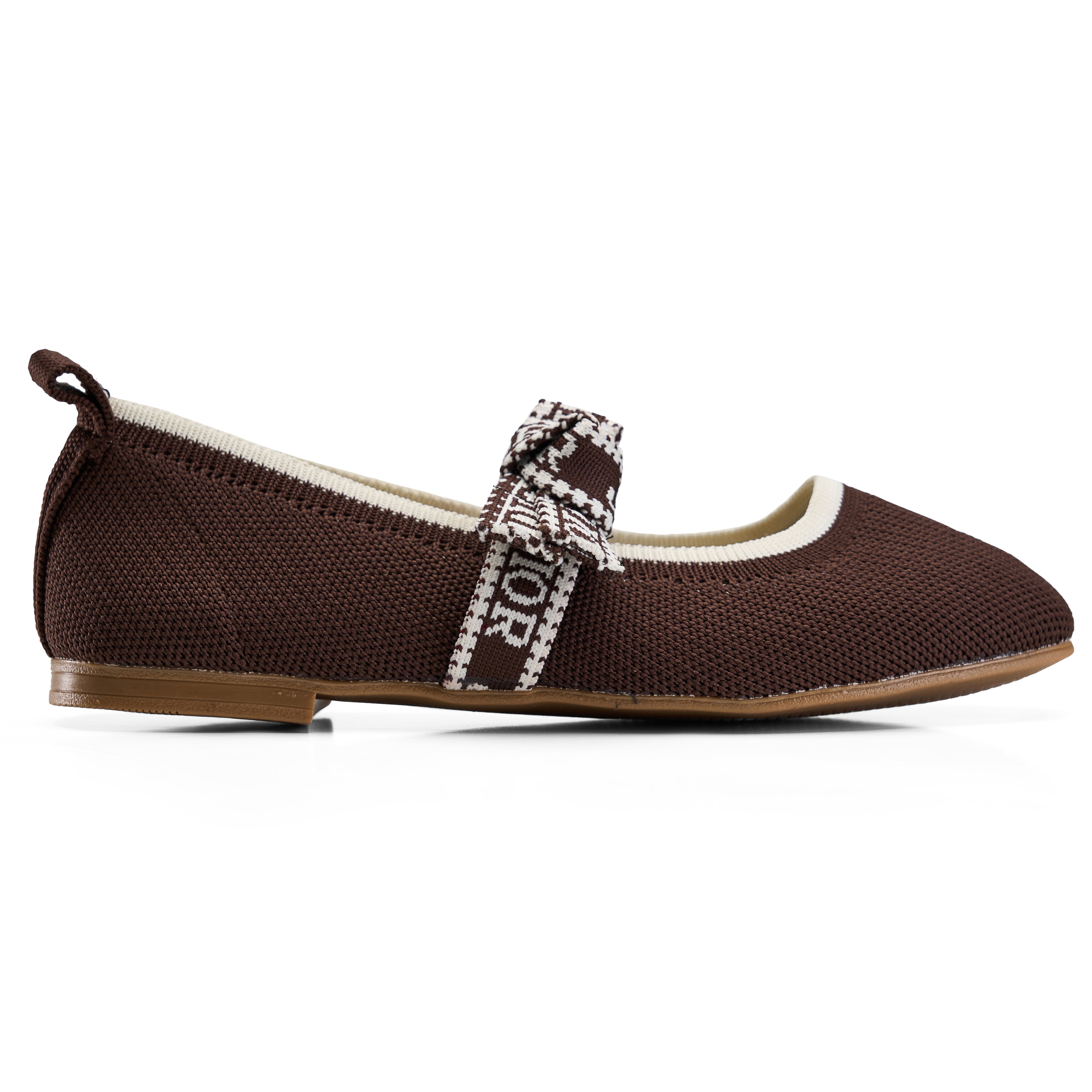 Textured Knit Ballet Flats with Soft Bow - Brown