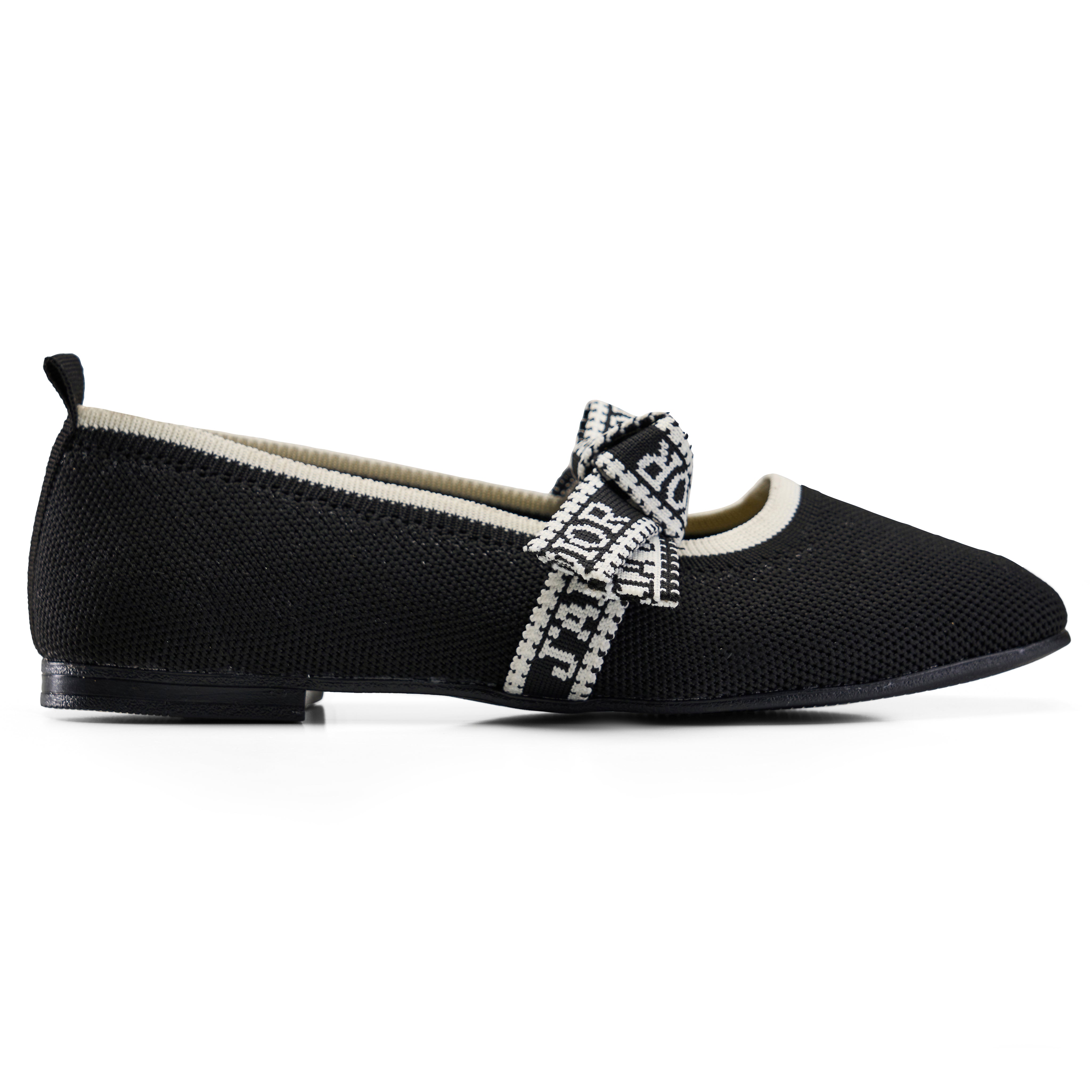 Textured Knit Ballet Flats with Soft Bow - Black