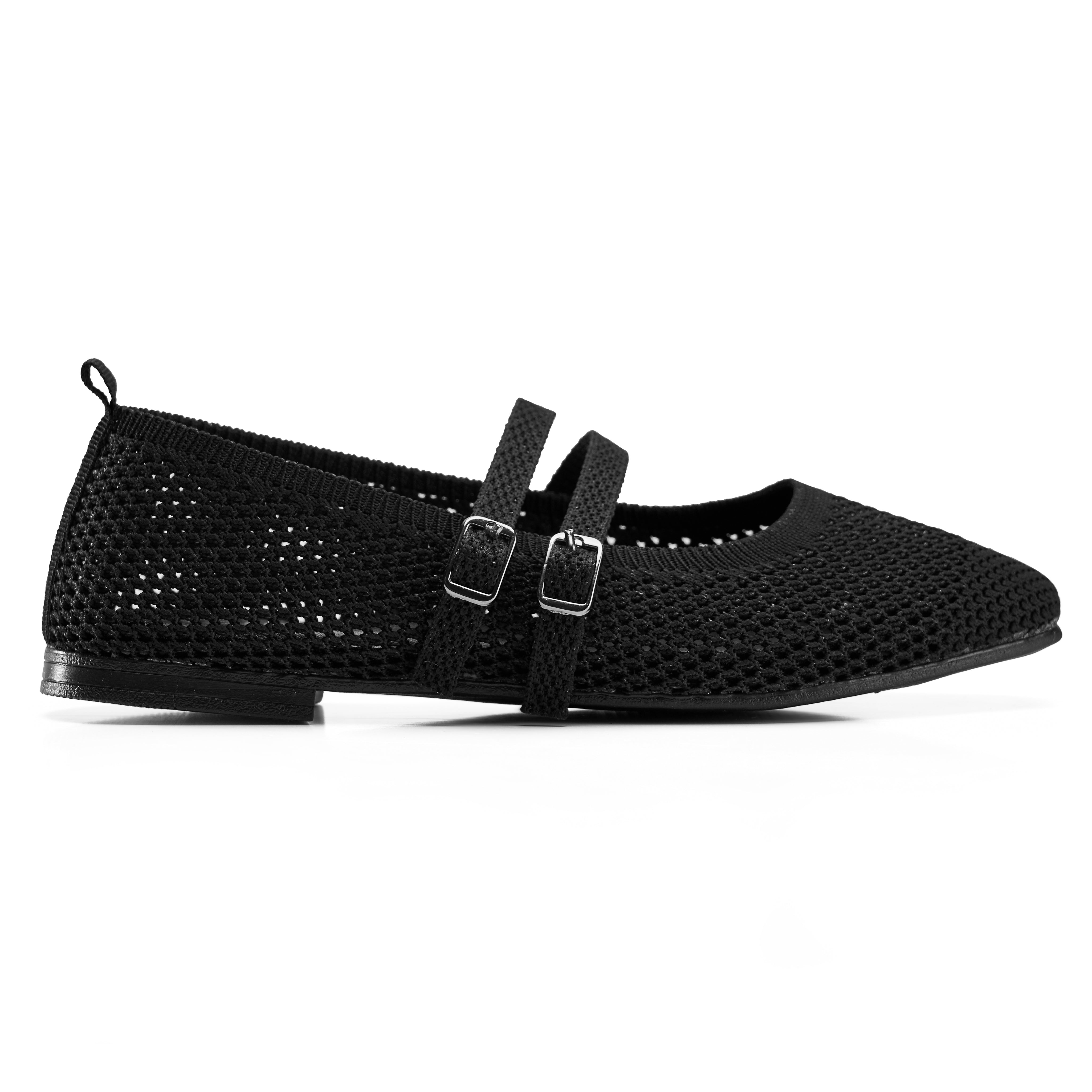 Double-Strap Knit Mary Jane Flats - Black
