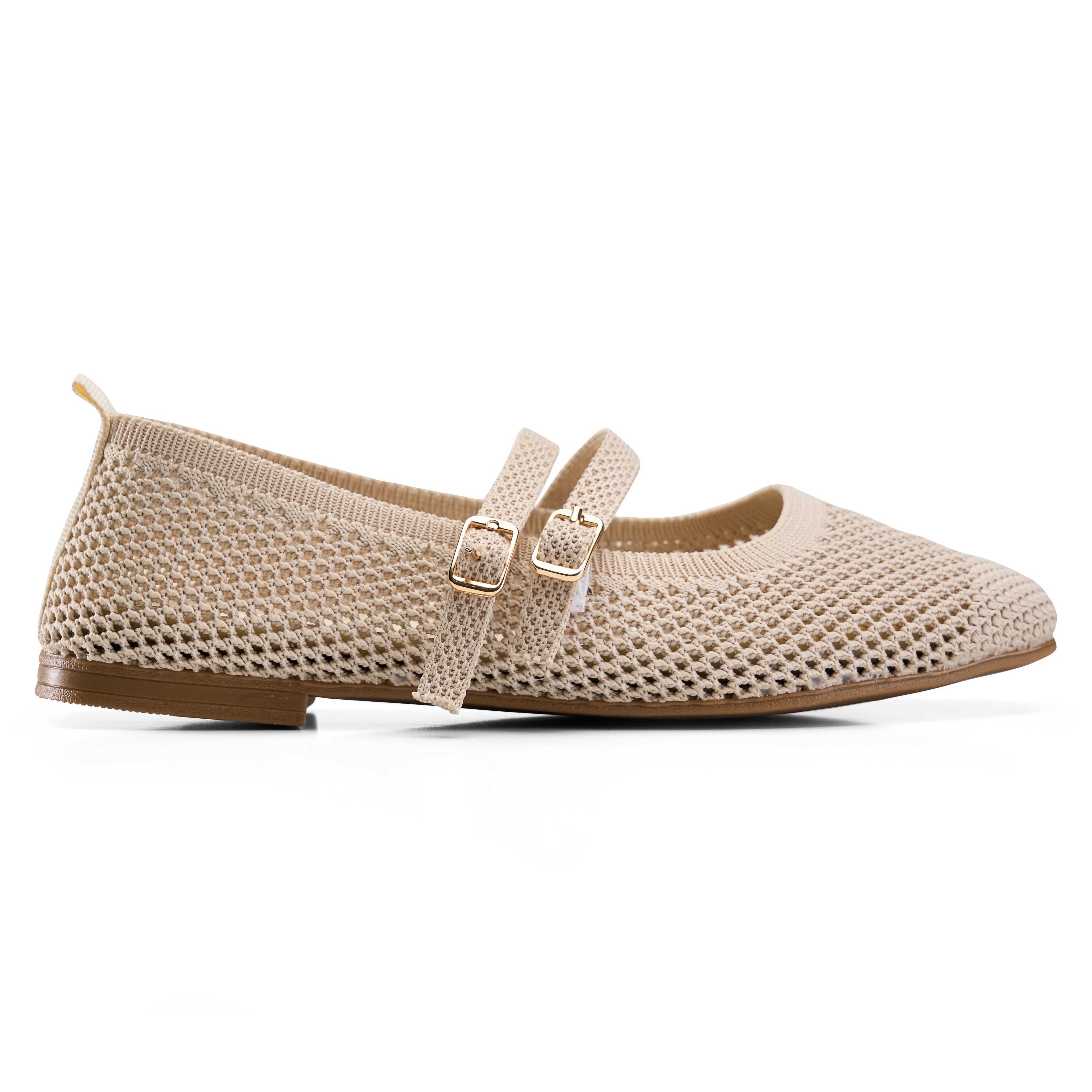 Double-Strap Knit Mary Jane Flats - Beige