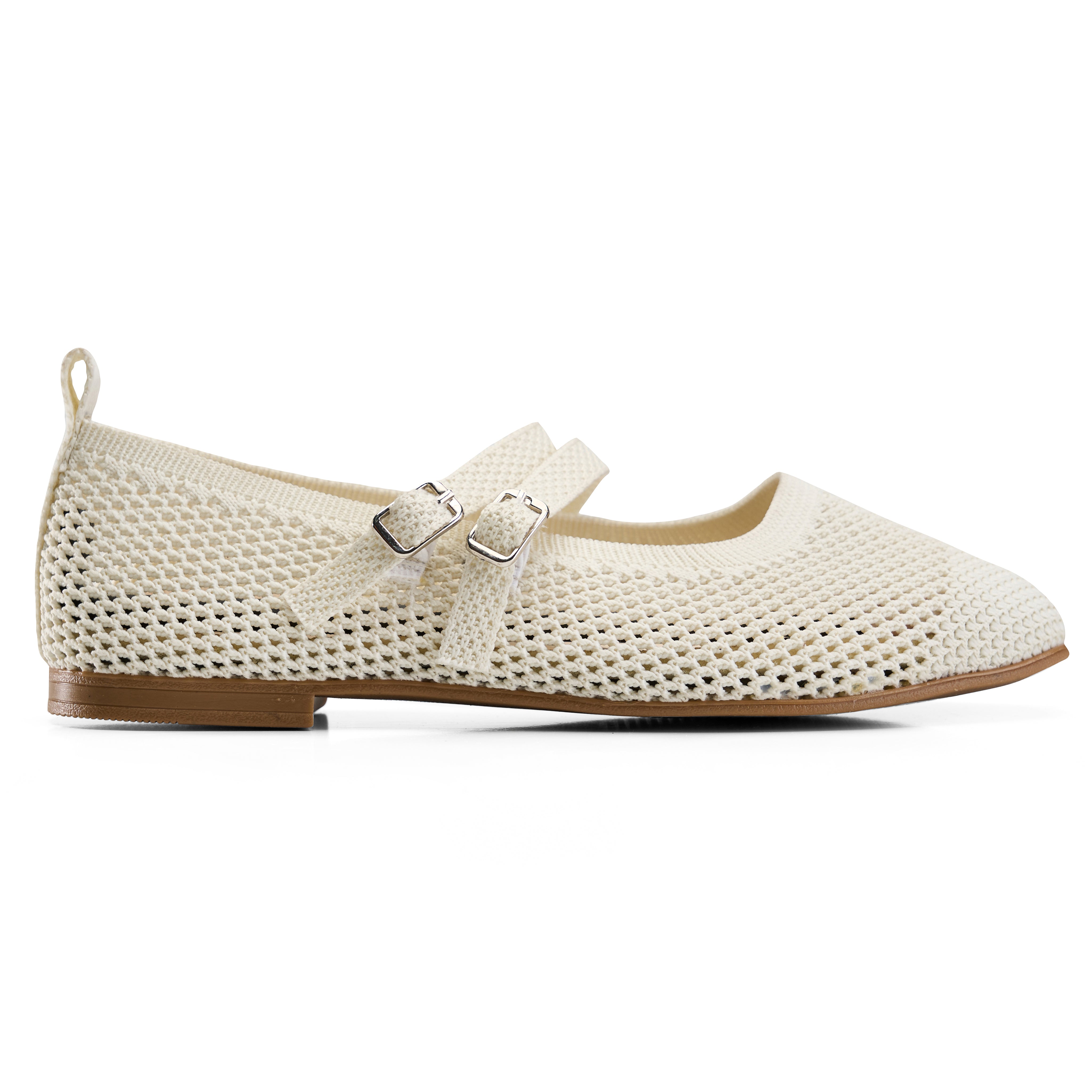 Double-Strap Knit Mary Jane Flats - White