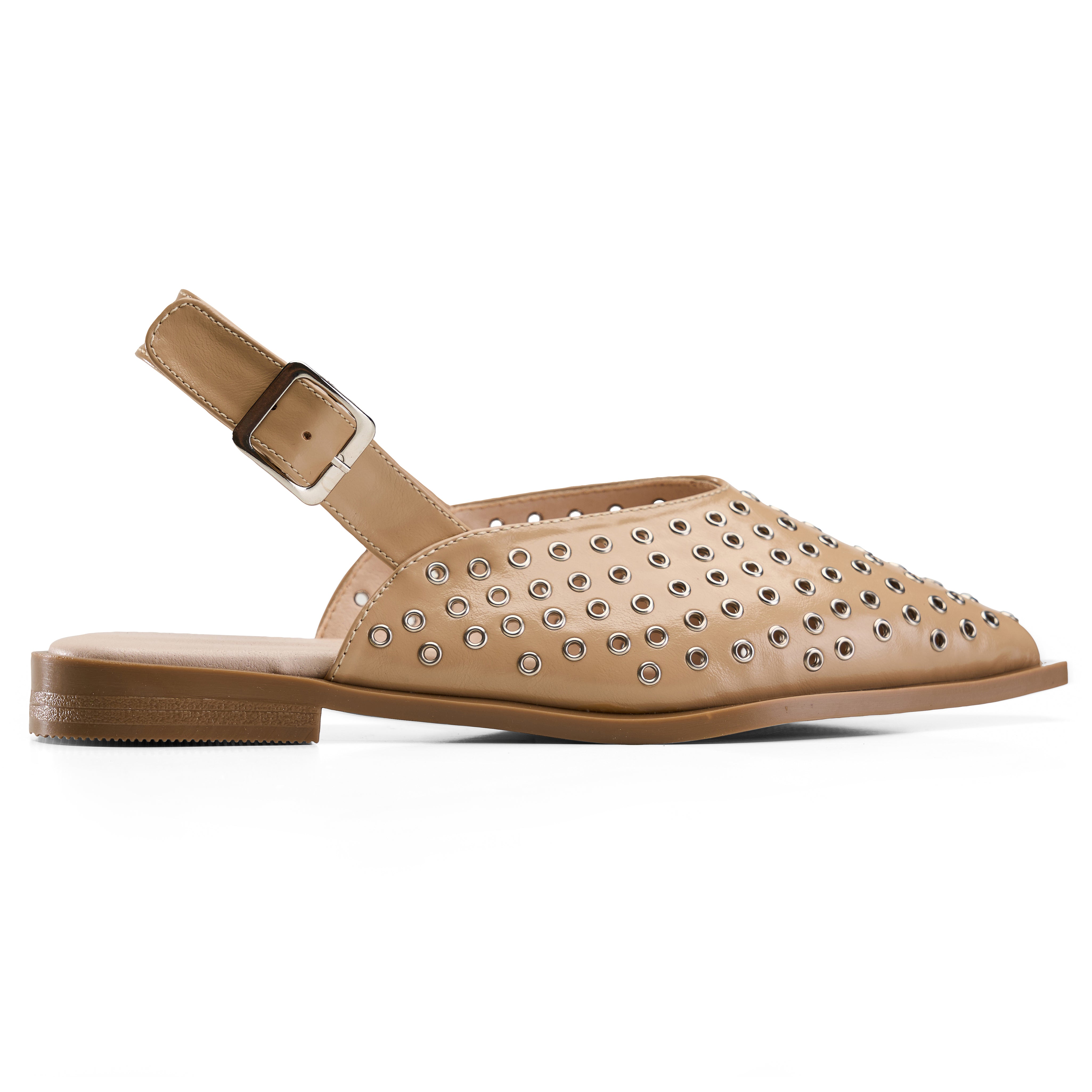 Eyelet-Detail Pointed Slingback Flats - Beige