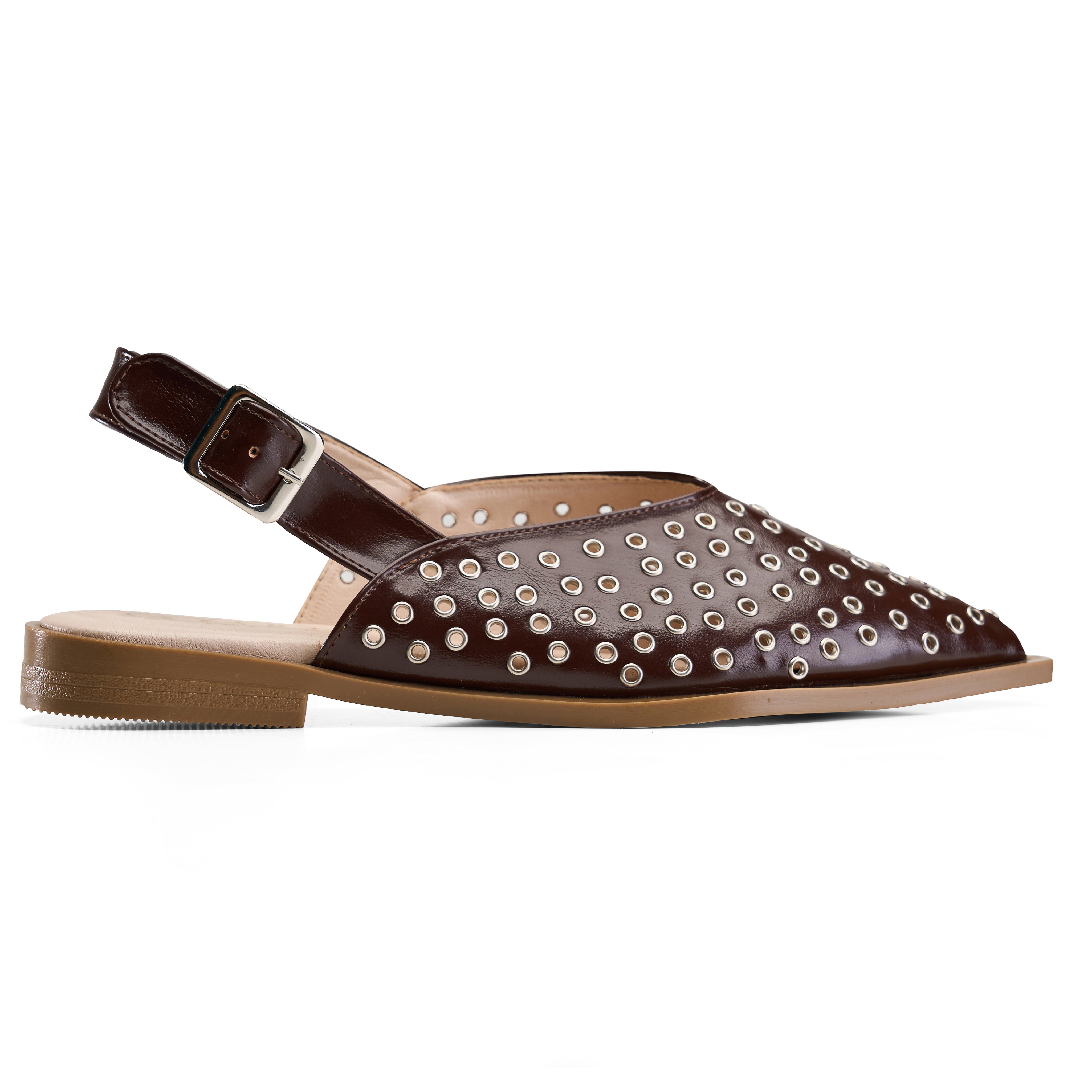 Eyelet-Detail Pointed Slingback Flats - Brown