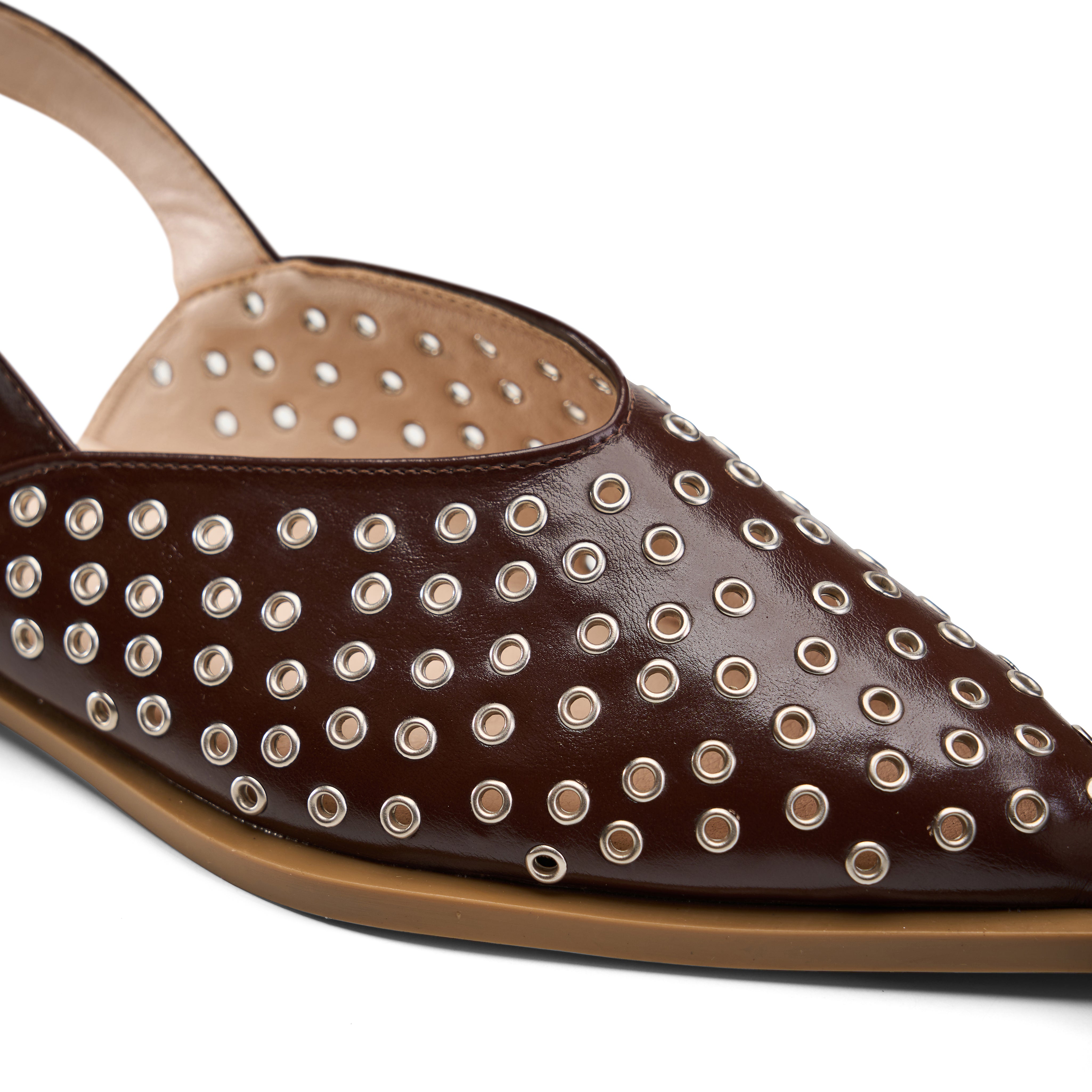 Eyelet-Detail Pointed Slingback Flats - Brown