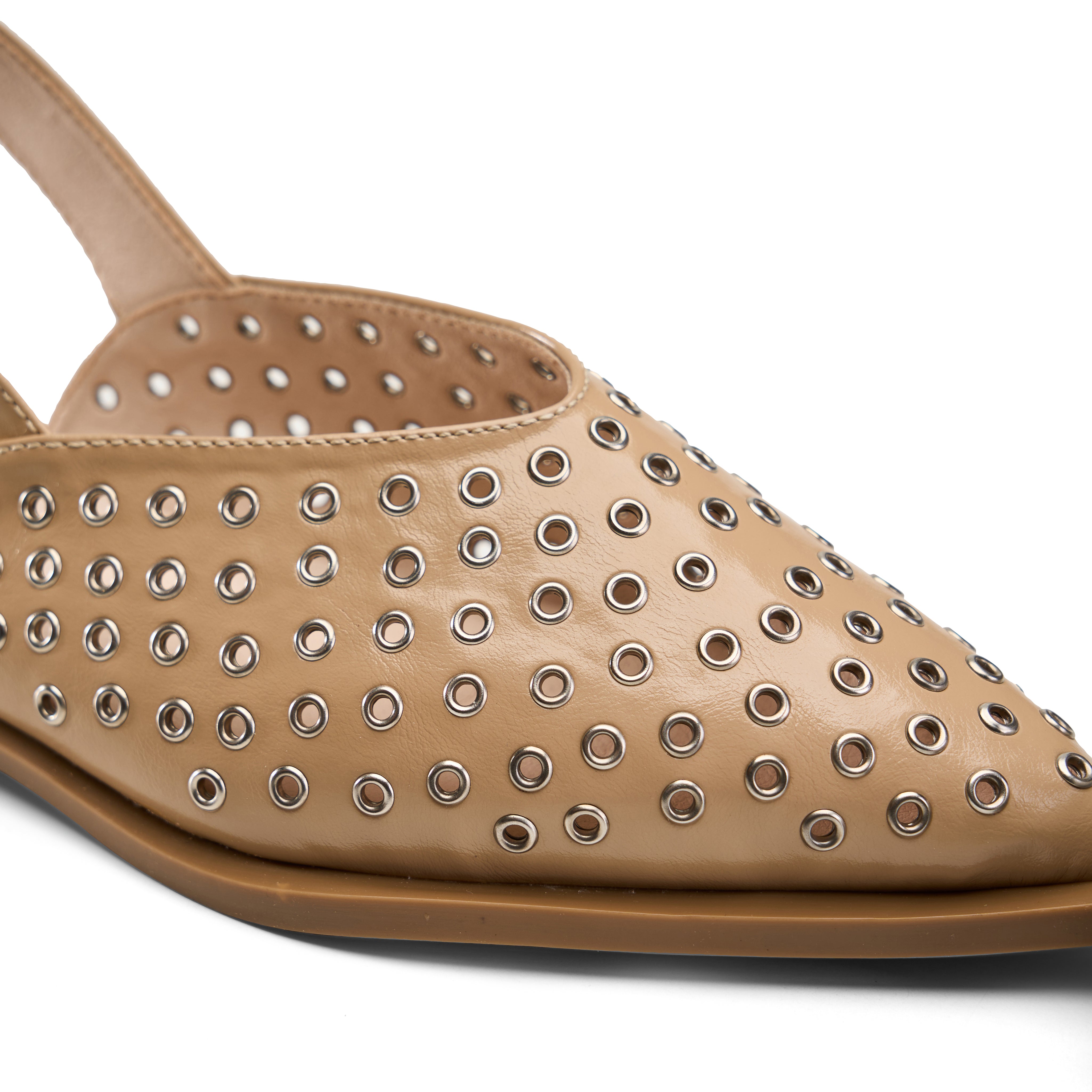 Eyelet-Detail Pointed Slingback Flats - Beige