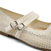 Double-Strap Knit Mary Jane Flats - White