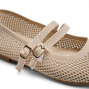 Double-Strap Knit Mary Jane Flats - Beige