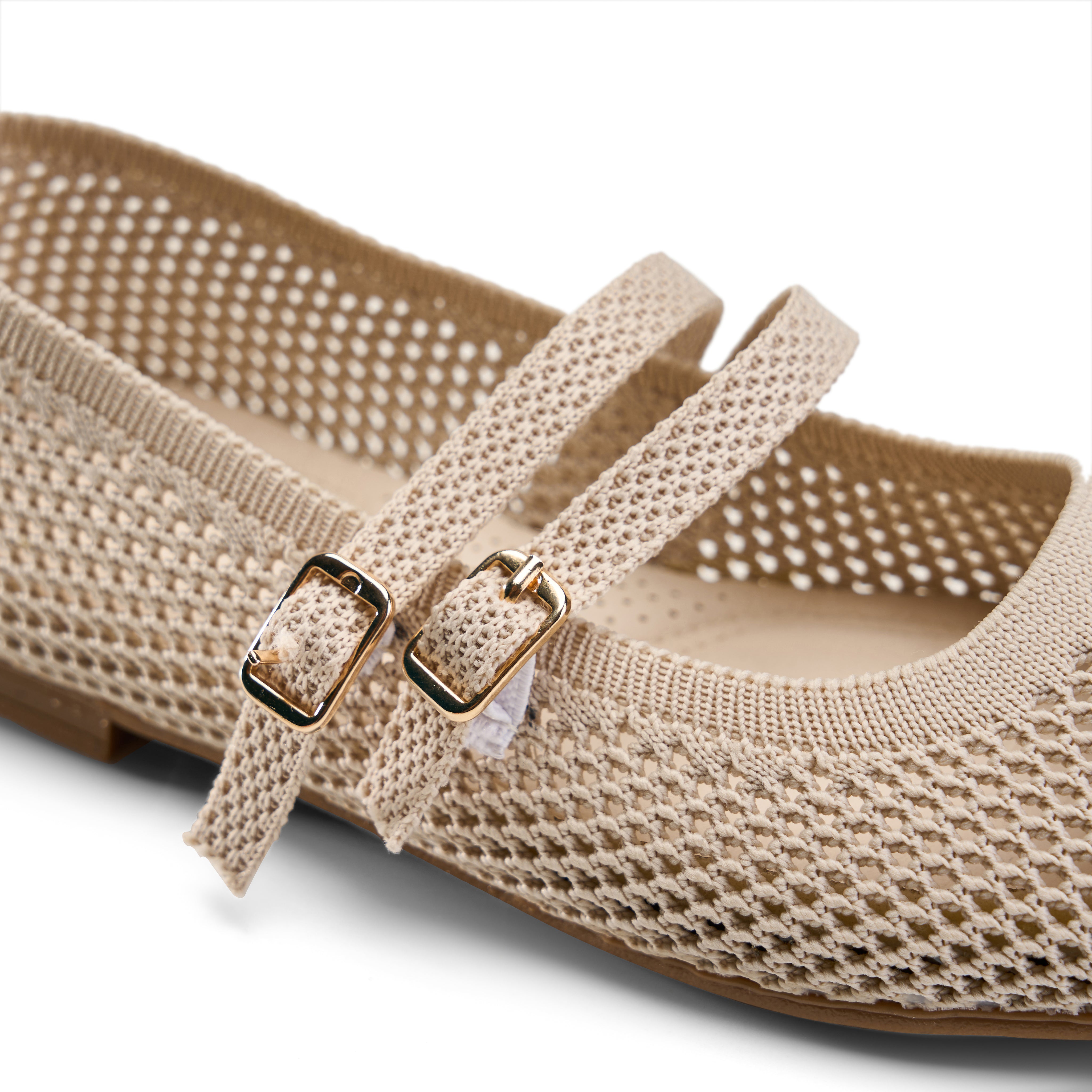 Double-Strap Knit Mary Jane Flats - Beige