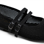 Double-Strap Knit Mary Jane Flats - Black