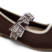 Textured Knit Ballet Flats with Soft Bow - Brown
