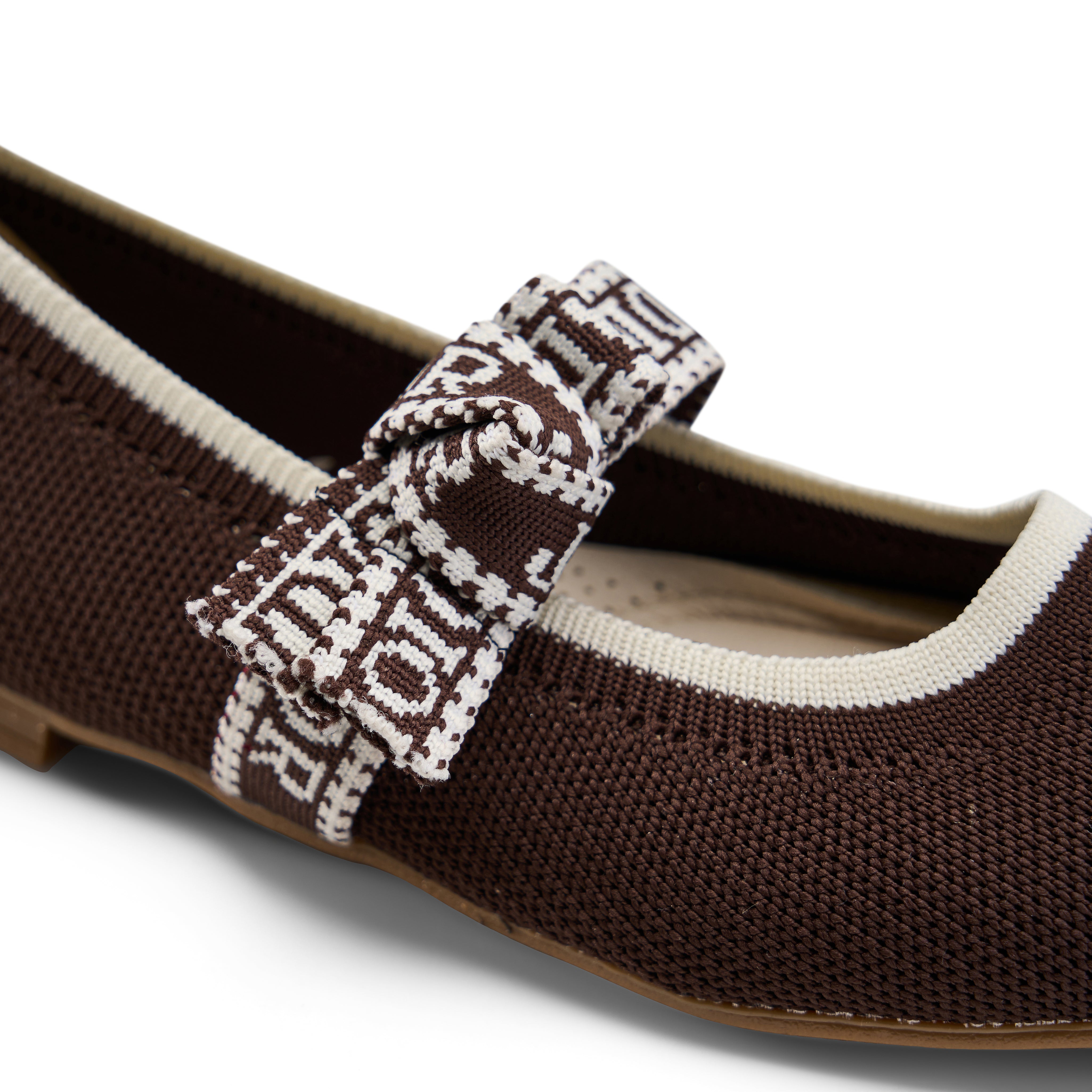 Textured Knit Ballet Flats with Soft Bow - Brown