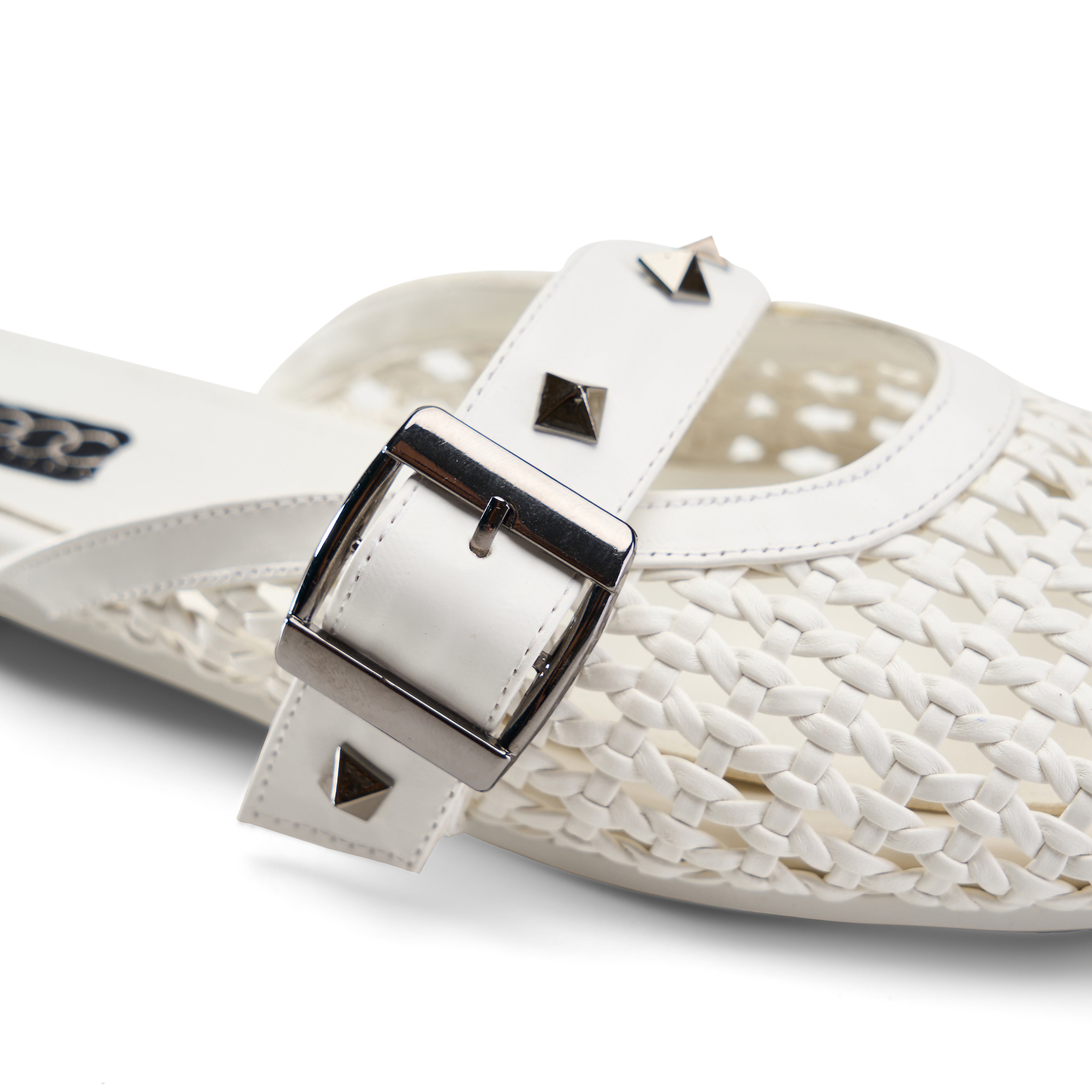 Studded Buckle Woven Mules - White