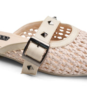 Studded Buckle Woven Mules - Beige