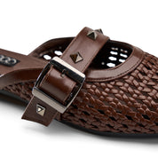 Studded Buckle Woven Mules - Brown