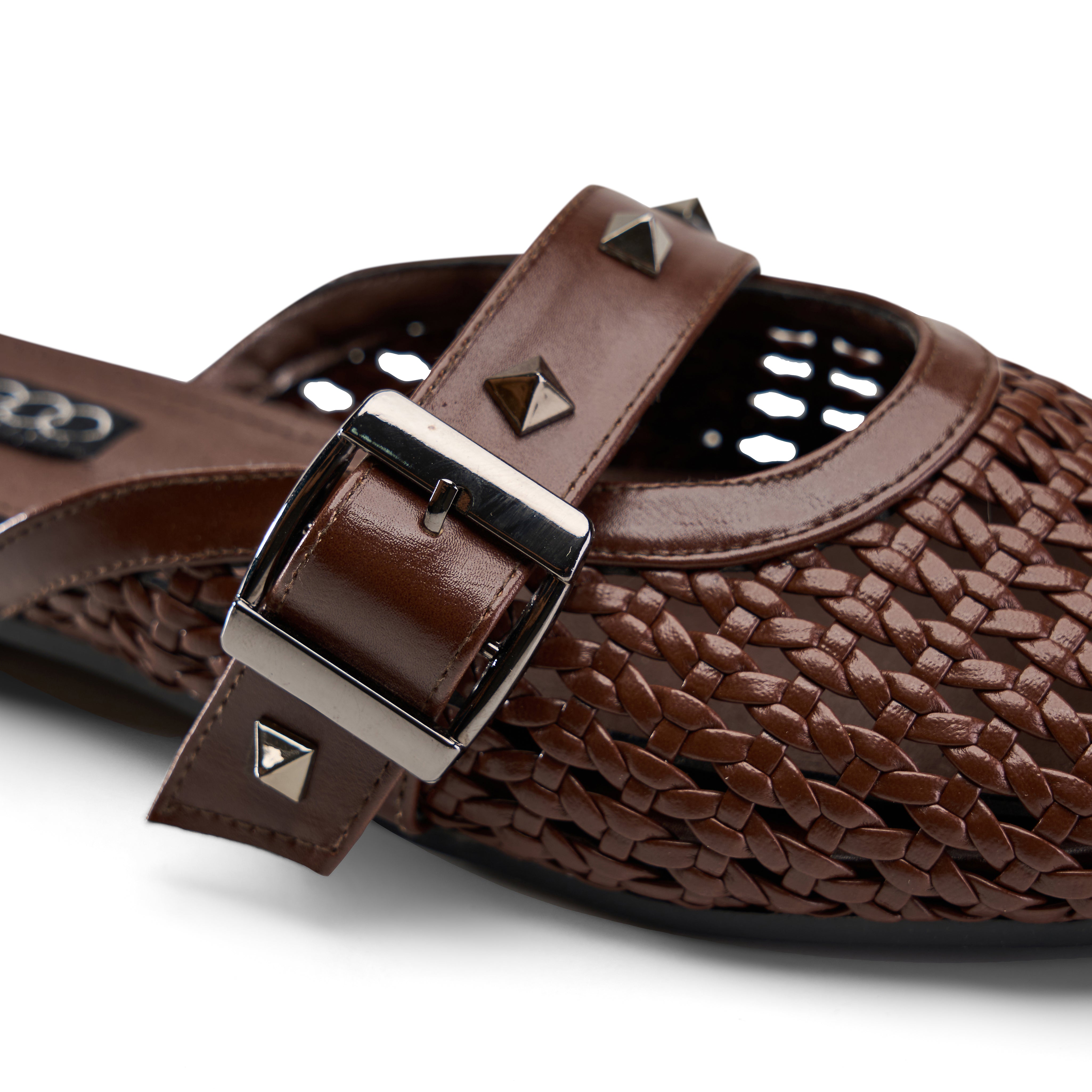 Studded Buckle Woven Mules - Brown