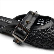 Studded Buckle Woven Mules - Black